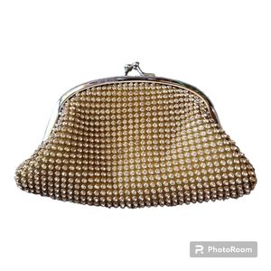Change purse gold fabric w clear rhinestones mesh overlay